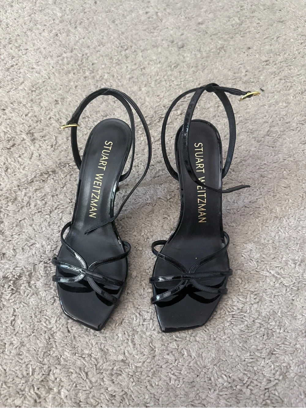 Stuart Weitzman Patent Black Strappy Slingback Heels